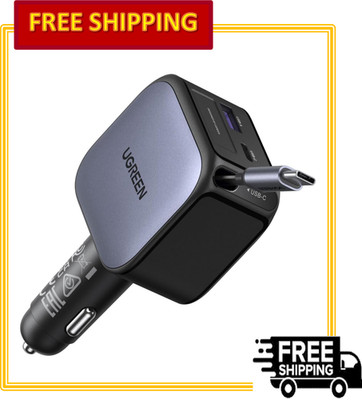 UGREEN 60W Car Charger: Retractable cable, 3-Port Fast Charger 30W PD USB-C & A