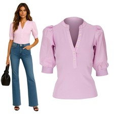 198 New VERONICA BEARD Coralee Button-Front Puffed Sleeve Top Sz S Pink
