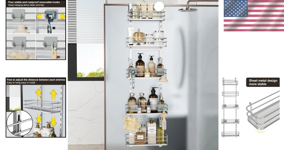 Carrito de ducha compacto colgante de 5 niveles - ajustable con 4 ganchos y diseño a prueba de óxido Foto 2 de 4