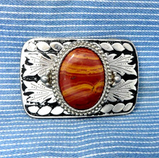 Western Scroll Cowboy Dress Belt Buckle Wonderstone Jasper Stone Vtg 80s .B308