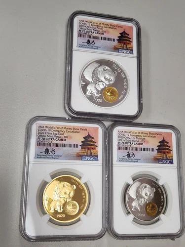 2020 China 1oz Gold, Platinum, Silver 3pc Set ANA World's Fair Panda NGC PF70 UC