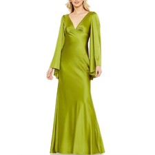 Mac Duggal 68344 Green Evening Gown Satin Long Sleeve Formal Column Dress Size 4