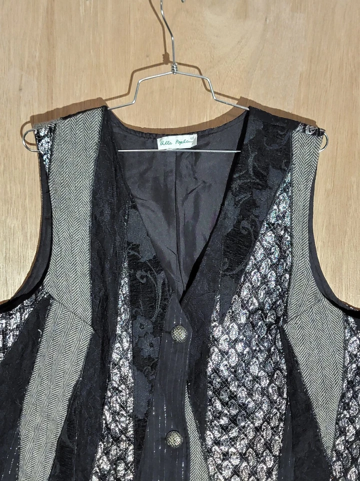 Ulla Popken Women’s Black Silver Patchwork Vest Button Front Textured 20/22 - Image 4 of 4