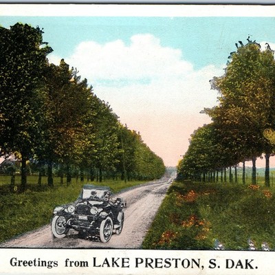 c1920s Lake Preston SD Antique Car Country Rd Tree Canopy Postcard White Border