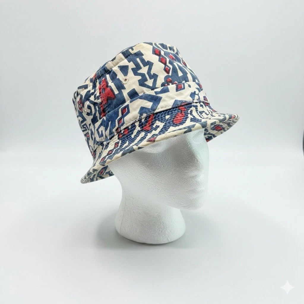 Vtg Easy-to-Roll Bucket Hat Geometric Crushable S/XS Boho Festival Sun Travel