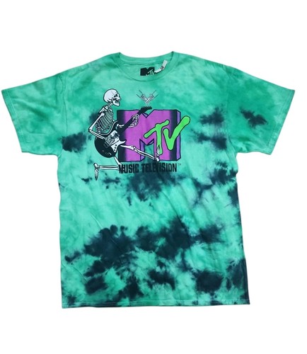 MTV Music Television Green Black Tie Dyed T Shirt Skeleton Guitar Halloween - Picture 2 of 4