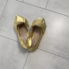 Miu Miu Gold Leather Ballet Flats Slip-On Bow Closed Toe Women s 7