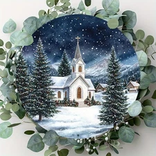 Round Winter Church Snow Scene Aluminum Wall Decoration Starry Night