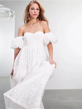 ASOS Bridal White Lace Off Shoulder Puff Sleeve Maxi Wedding Dress US 8