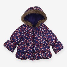 Marks and Spencer Girls Floral Puffer Coat Fur Trim Zip Purple, 3-6 months
