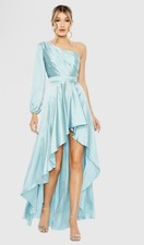 Mac Duggal Blue One Shoulder Satin Hi-Low Dress Gown Sz 0
