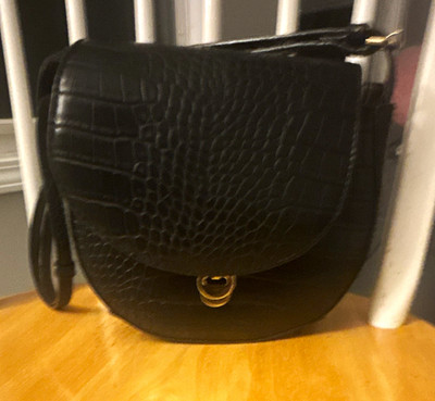 A New Day Small Black Croc Embossed Crescent Crossbody Gold Hardware