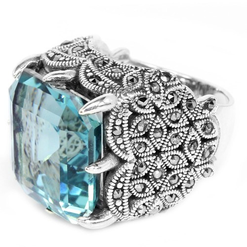 925 STERLING SILVER RING BLUE HYDRO QUARTZ 17X17 MM. & MARCASITE SIZE 8 - Picture 8 of 10