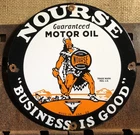 VINTAGE 1922 DATED NOURSE HEAVY DUTY MOTOR OIL CAN PORCELAIN GAS STATION SIGN