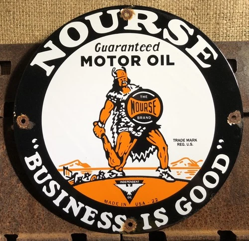 VINTAGE 1922 DATED NOURSE HEAVY DUTY MOTOR OIL CAN PORCELAIN GAS STATION SIGN