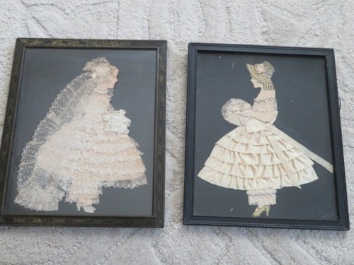 BEAUTIFUL Vintage Framed Ribbon Work LACE EMBELLISHED Paper Woman BRIDE - Picture 9 of 12