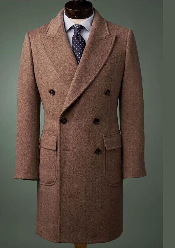 Brown Men's Wool Long Overcoat Wide Peak Lapel Double Breasted Bespoke Warm Coat