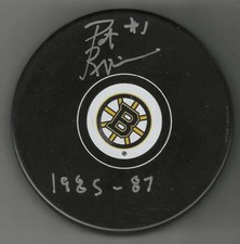 Pat Riggin Signed & Inscribed Boston Bruins Puck 