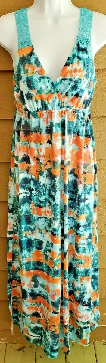 Faded Glory Maxi Dress Size 4 6 Crochet Top Tie Dye Look Teal