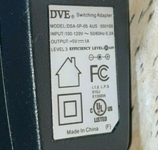 DVE AC ADAPTER INPUT 100-120V 50-60Hz 0.2A OUTPUT 5V-1A MODEL DSA-5P-05 AUS 05