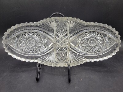Antique Brilliant Cut Glass Canoe Celery Relish Dish, 11 X 4.75 Glows Green W UV