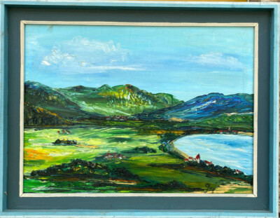 ::OIL PAINTING SIGN. GEX GREEN MOUNTAIN LANDSCAPE WITH ALPINE LAKE AND OLD TOWN IN SUMMER