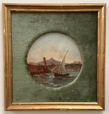 19th Century Miniature - Antique Oil painting - Sailboat