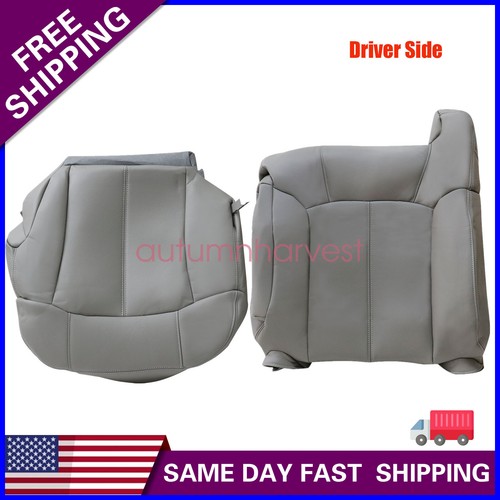 2PCS For 1999-2002 GMC Sierra Driver Top & Bottom Leather Seat Cover Pewter Gray