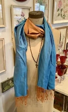 Department 56 Silk Tickle Teal/Orange Pashmina Made in India NOS 75”x21.25”