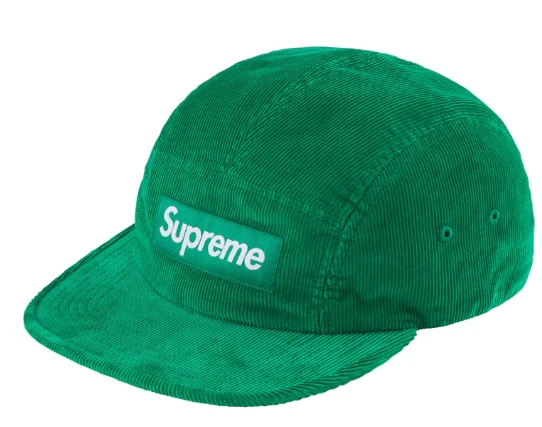 Casquette de camp Supreme Corduroy (FW23) verte authentique nouvelle boîte logo à la main