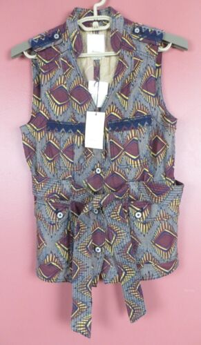 TB12868- NWT ELEVENSES Women Cotton Linen Belted Vest Pocket Multicolor Geo S