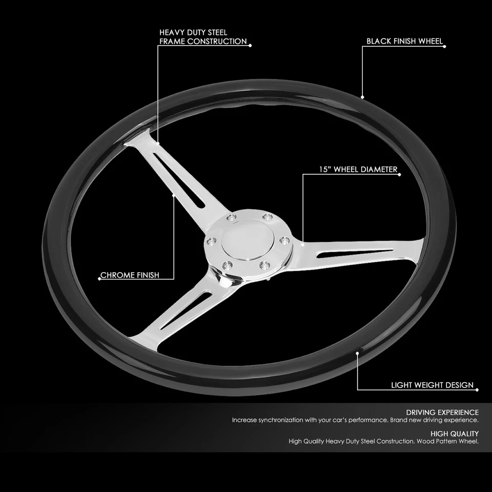 38CM 2"DEEP DISH STAINLESS STEEL SPOKES 6-HOLE CLASSIC BLACK WOOD STEERING WHEEL - Imagem 2 de 4