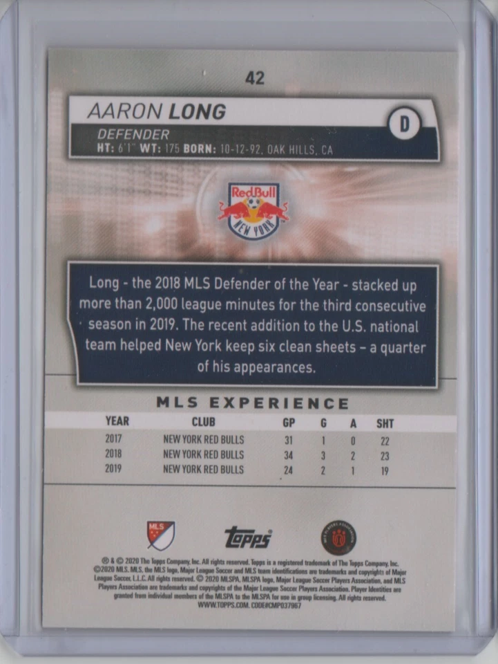 2020 Topps MLS Image Variation Red #42 Aaron Long SSP RC 1/10 - Flat S/H - Image 2 of 2