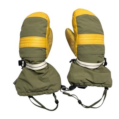 Burton Gore-Tex Mittens Mens Medium Olive Green Mustard Yellow Leather Snowboard