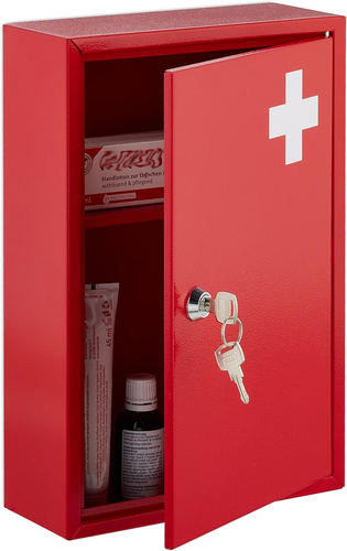Relaxdays Armadietto Pronto Soccorso per Medicinali, Cassetta Farmaci a Chiave, 57x27x12 cm, Vetro e Acciaio, Argentato