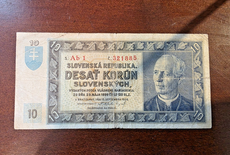 Rare 1939 Slovakia 10 Korun Slovenska Republika WW2 Banknote