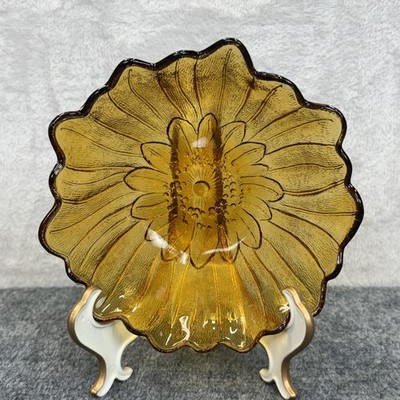 VTG Indiana Glass Sunflower Lily Pons Carnival Bowl 7'' Marigold Gold Iridescent