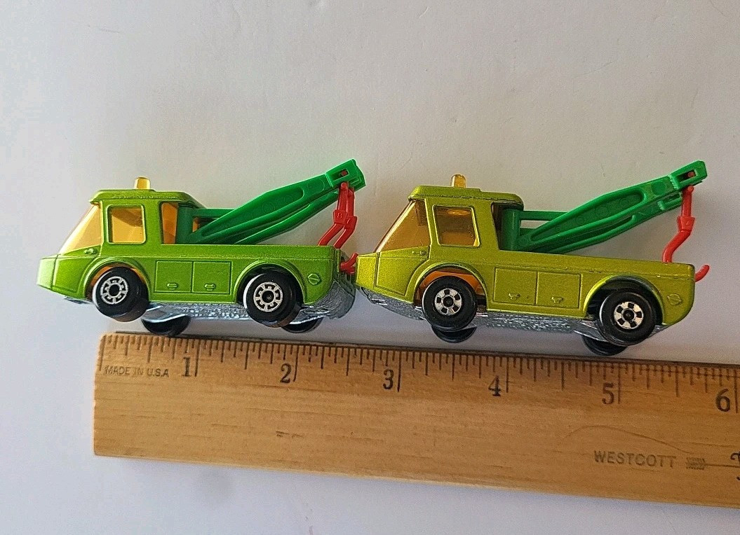 Lot 2 VTG 1972 Matchbox Superfast #74 Toe Joe Tow Truck Green Diecast Toy Car
