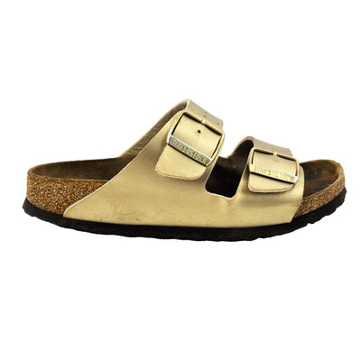 Womens 8 39 N Narrow Birkenstock Arizona Metallic Gold Birko-Flor Slides Sandals