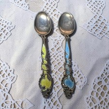 TH Marthinsen Danish Denmark Set of 2 Vintage Sterling Silver 925 Enamel Spoons
