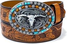 UTOWO Women Vintage Western Belt with oval-Longhorn-Buckle Cowgirl Bull-PU-Leath