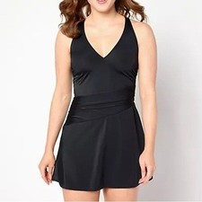 Denim  Co Beach Swimwear Plus 20W Black V-Neck Ruched Waist Swim Dress A634757
