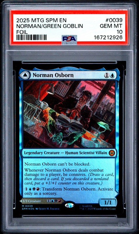 2025 Magic The Gathering Spider-Man #0039 Norman/Green Goblin Foil PSA10