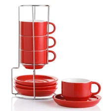 4 PCS 4 oz Red Stackable Porcelain Espresso Cups with Saucers Metal Stand