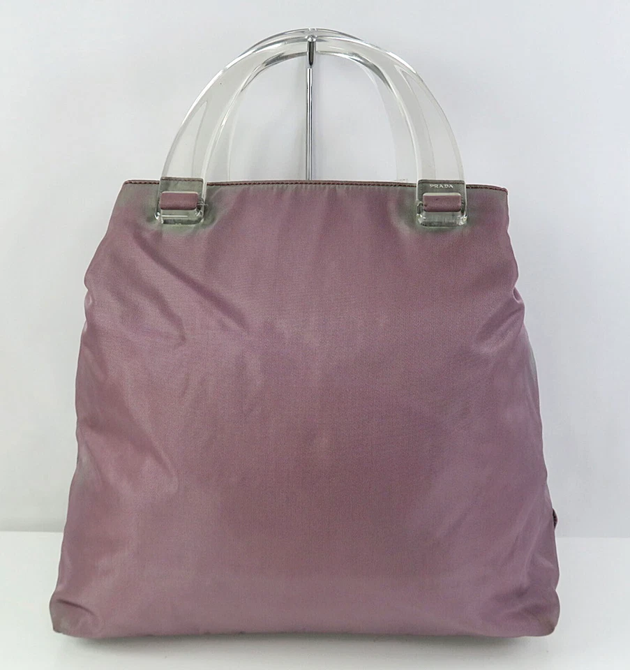 Auténtico bolso de mano PRADA púrpura de nailon y plástico transparente con asa #58731B Foto 3 de 4
