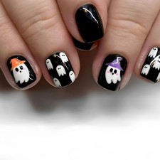 24PCS Halloween Press-On Nails - Ghost  Witch Hat Round Cute