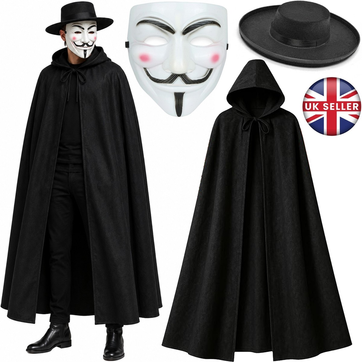 V For Vendetta Guy Fawkes Mask & Cape with Hat Anonymous Adult