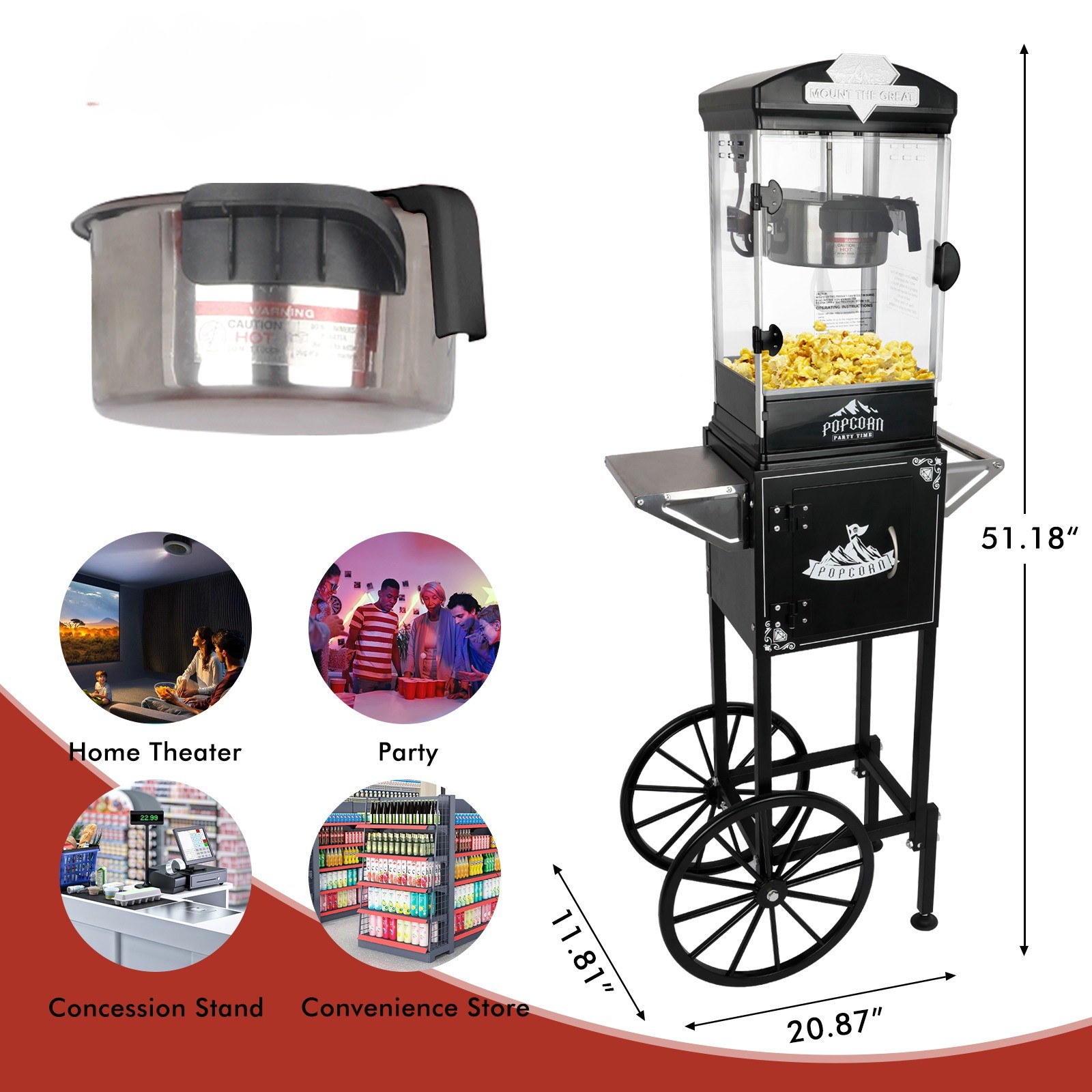 Vintage Style Popcorn Machine Maker Popper with Cart and 10-Ounce Kettle