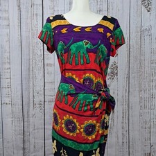Vintage 90s JESSICA HOWARD 10 Faux Wrap Dress Colorful Tribal Graphic Midi Boho