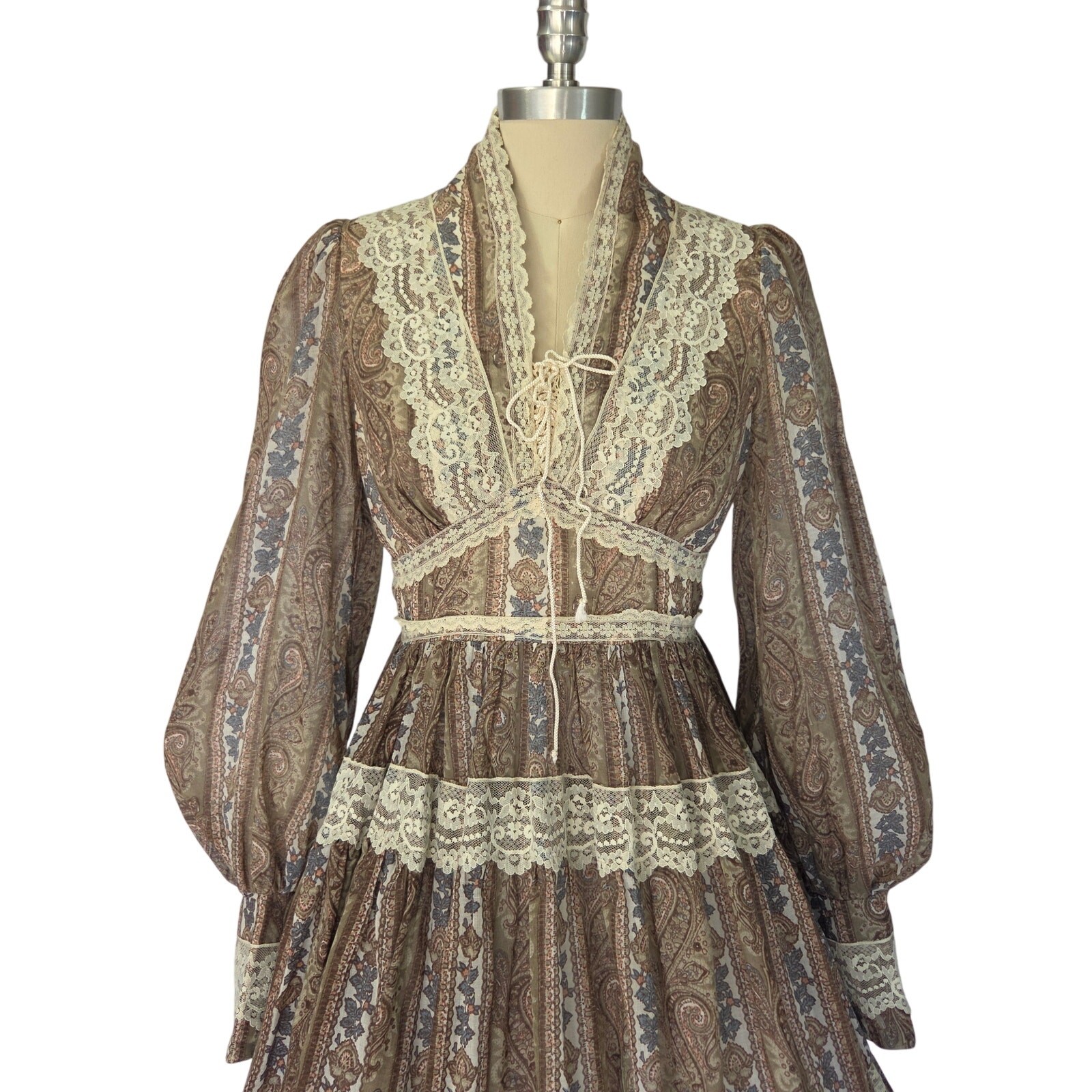 Gunne Sax Vintage 70s Corset Mini Dress Size 9 S Paisley Festival Lace Calico